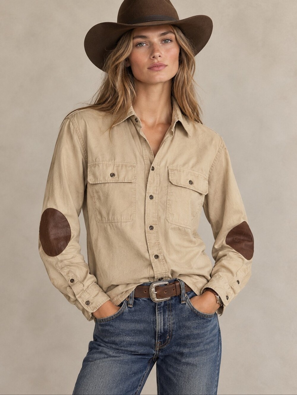 Lauren Ralph Lauren Black Label Khaki Western Safari Button-Down Leather Elbow
